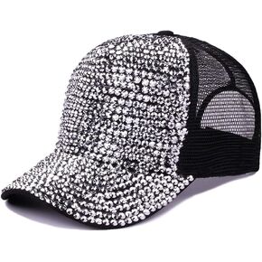 Women Men Studded Rhinestone Crystals Adjustable Ponytail Mesh Baseball Cap Shiny Bling Casual Sports Cap Breathable Sun Hat