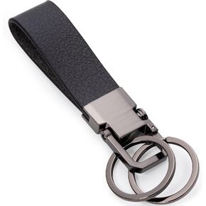 Jumperlay Leather Car Keychain with 2 Detachable Alloy Keyrings for Keyfob, Pull Slow Spring and Release Quick Spring