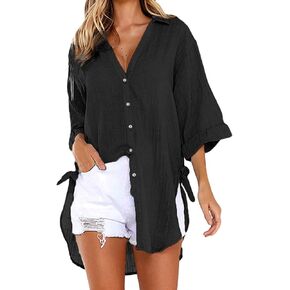 Womens Casual Cotton Linen Shirts Plus Size Baggy High Low Blouse Mid-Long Shirts Oversized V Neck Work Plain Tops …