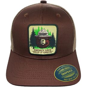 PNW Apparel Smokey The Bear Keep it Green Snapback Trucker Hat with Smokey The Bear Woven Patch