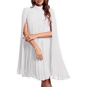 Rooscier Women's Mock Neck Cloak Sleeve Pleated Keyhole Back Flowy Party Midi Dress