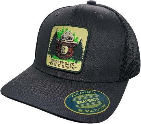 قبعة سائق الشاحنة PNW Apparel Smokey The Bear Keep it Green Snapback مع رقعة منسوجة على شكل الدب سموكي in Kuwait