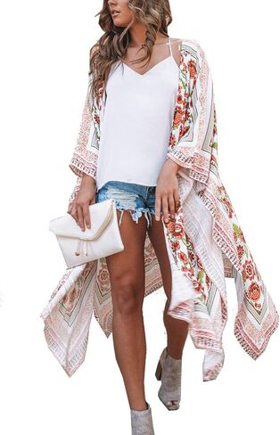 CASURESS Women's Sheer Chiffon Blouse Tops Kimono Cardigan Floral Loose Cover Ups Outwear Plus Size in Saudi Arabia