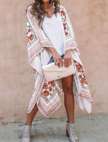 CASURESS Women's Sheer Chiffon Blouse Tops Kimono Cardigan Floral Loose Cover Ups Outwear Plus Size in Saudi Arabia