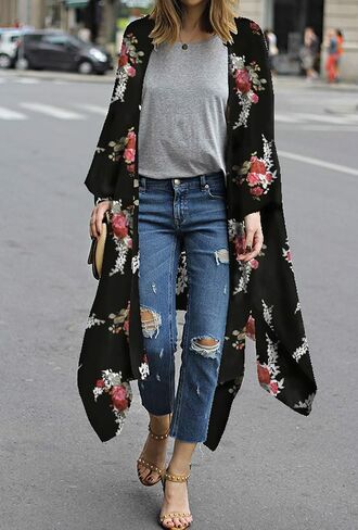 CASURESS Women's Sheer Chiffon Blouse Tops Kimono Cardigan Floral Loose Cover Ups Outwear Plus Size in Kuwait