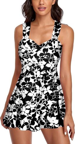 Omichic Womens Elegant Crossover Swimsuits Two Piece Tummy Control Bathing Suits Floral Swimdress with Boyshorts Swimwear in Kuwait