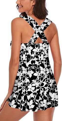 Omichic Womens Elegant Crossover Swimsuits Two Piece Tummy Control Bathing Suits Floral Swimdress with Boyshorts Swimwear in Kuwait