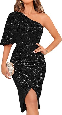 فستان نسائي من Esobo مزين بالترتر وأكمام قصيرة بكتف واحد وبريق لامع للحفلات، فستان ضيق غير متماثل باللون الأسود in Kuwait