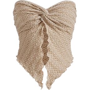 MISSACTIVER Women Twist Knot Front Texture Bandeau Top Sexy Strapless Sleeveless Split Hem Lettuce Trim Tube Crop Top Corset