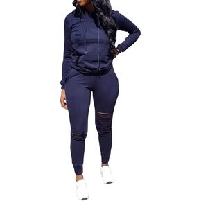 ملابس رياضية نسائية من EOSIEDUR مكونة من قطعتين وأكمام طويلة ممزقة بغطاء للرأس - طقم سراويل Bodycon Joggers in Kuwait