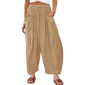 Honwenle Women's Wide Leg Pants Loose Drawstring Palazzo Pants Summer Casual Flowy Beach Trousers with Cargo Pockets