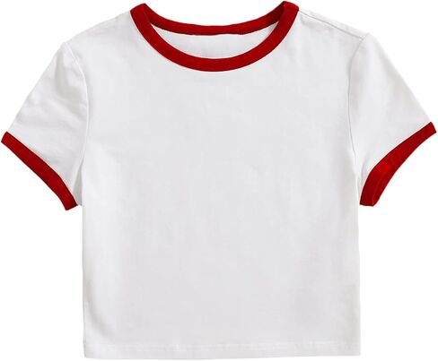Verdusa Women's Contrast Binding Short Sleeve Slim Fitted Ringer Crop Tee Top in Saudi Arabia