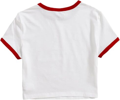 Verdusa Women's Contrast Binding Short Sleeve Slim Fitted Ringer Crop Tee Top in Saudi Arabia