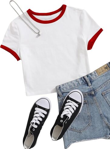 Verdusa Women's Contrast Binding Short Sleeve Slim Fitted Ringer Crop Tee Top in Saudi Arabia