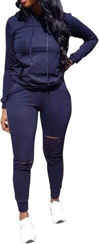 ملابس رياضية نسائية من EOSIEDUR مكونة من قطعتين وأكمام طويلة ممزقة بغطاء للرأس - طقم سراويل Bodycon Joggers in Kuwait