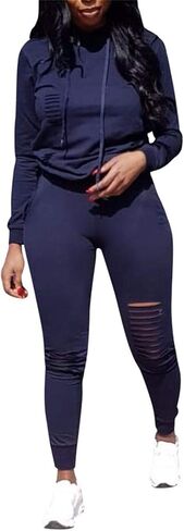 ملابس رياضية نسائية من EOSIEDUR مكونة من قطعتين وأكمام طويلة ممزقة بغطاء للرأس - طقم سراويل Bodycon Joggers in Kuwait