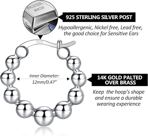 أقراط نوبدوت ذهبية مكتنزة للنساء | سميكة 925 فضة آخر كرة مطرزة هوجيز أقراط خفيفة الوزن هيبوالرجينيك الأطواق مجوهرات هدايا، 10/12/15 مللي متر in Kuwait