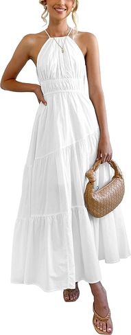 المرأة الرسن أكمام بوهو فستان عادية مثير فلوي مطوي عالية الخصر ألف خط بيبي دول فساتين متوسطة الطول للنساء in Kuwait