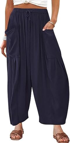 Honwenle Women's Wide Leg Pants Loose Drawstring Palazzo Pants Summer Casual Flowy Beach Trousers with Cargo Pockets in Saudi Arabia