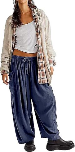 Honwenle Women's Wide Leg Pants Loose Drawstring Palazzo Pants Summer Casual Flowy Beach Trousers with Cargo Pockets in Saudi Arabia
