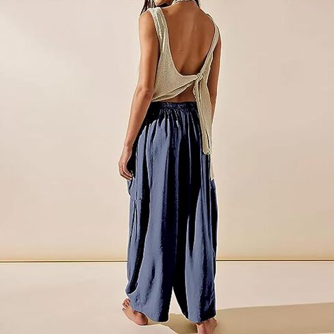 Honwenle Women's Wide Leg Pants Loose Drawstring Palazzo Pants Summer Casual Flowy Beach Trousers with Cargo Pockets in Saudi Arabia
