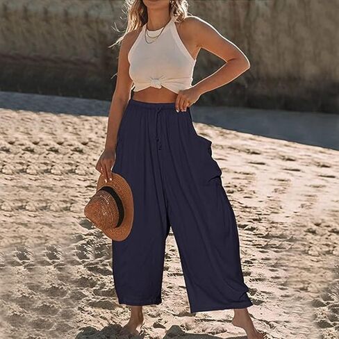 Honwenle Women's Wide Leg Pants Loose Drawstring Palazzo Pants Summer Casual Flowy Beach Trousers with Cargo Pockets in Saudi Arabia