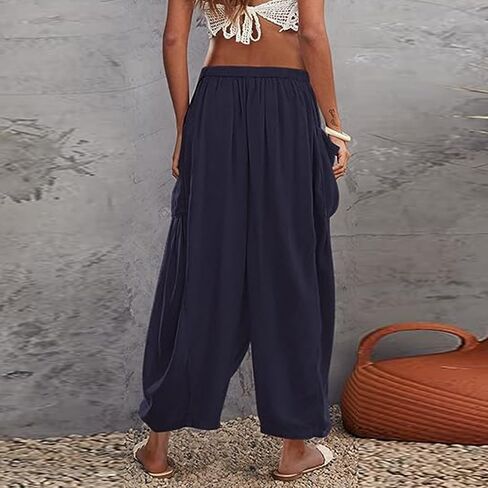 Honwenle Women's Wide Leg Pants Loose Drawstring Palazzo Pants Summer Casual Flowy Beach Trousers with Cargo Pockets in Saudi Arabia