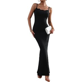 Women's Casual Slip Long Dress Lace Square Neck Solid Sexy Sleeveless Bodycon Maxi Dress