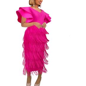 AOMEI Women's Rose V Neck Ruffles Sleeve Patchwork Fringe Tiered Midi Dress