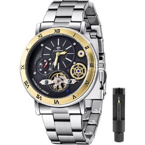 Tiong Mens Watch Luxury Skeleton Mechanical Stainless Steel Waterproof Black Automatic Self-Winding Wrist Watches for Men