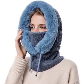 Women Winter Beanie Hats,One Piece Slouchy Warm Fleece Hooded Scarf Winter Balaclava Pullover Knitted Hat Mask Set