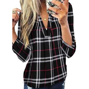 Dokotoo Womens Basic Casual V Neck Plaid Print Cotton Cuffed Long Sleeve Work Tops Blouses Shirts S-5XL