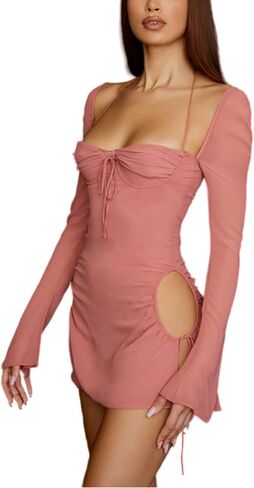 فستان ZGMYC نسائي مثير شفاف وأكمام طويلة Bodycon قصير أنيق بربطة عنق مربعة من الأمام للحفلات الصغيرة in Kuwait