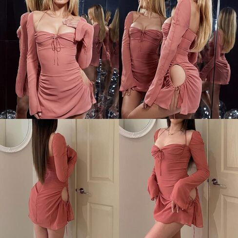 فستان ZGMYC نسائي مثير شفاف وأكمام طويلة Bodycon قصير أنيق بربطة عنق مربعة من الأمام للحفلات الصغيرة in Kuwait