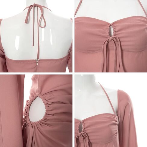 فستان ZGMYC نسائي مثير شفاف وأكمام طويلة Bodycon قصير أنيق بربطة عنق مربعة من الأمام للحفلات الصغيرة in Kuwait
