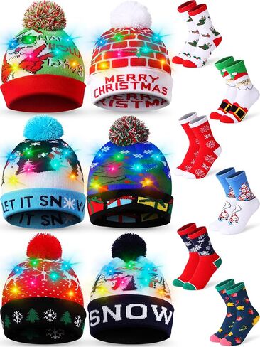 JaGely 12 Pcs Christmas LED Hat Light up Xmas Beanie Knit Cap Christmas Socks Holiday Socks Unisex LED Winter Snow Hat with Colorful Led (Vivid Style) in Saudi Arabia