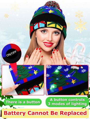JaGely 12 Pcs Christmas LED Hat Light up Xmas Beanie Knit Cap Christmas Socks Holiday Socks Unisex LED Winter Snow Hat with Colorful Led (Vivid Style) in Saudi Arabia