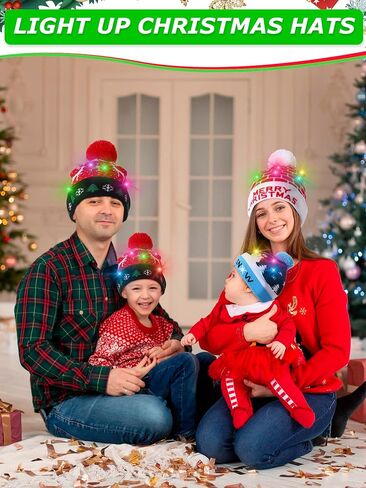 JaGely 12 Pcs Christmas LED Hat Light up Xmas Beanie Knit Cap Christmas Socks Holiday Socks Unisex LED Winter Snow Hat with Colorful Led (Vivid Style) in Saudi Arabia