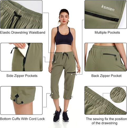 Ksmien Women's Lightweight Hiking Capri Pants Quick Dry Workout Cargo Capris Water Resistant UPF 50+ Zipped Pockets in Kuwait