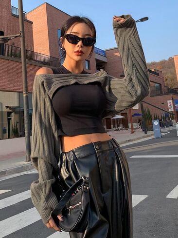 Verdusa Women's Drop Shoulder Ribbed Knit Crop Sweater Top Long Sleeve Pullovers in Saudi Arabia