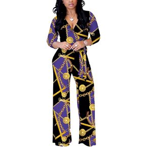 BOGURST Jumpsuits for Women Elegant Print High Waist Sexy V Neck Wide Leg Long Jumpsuit with Belt in Kuwait