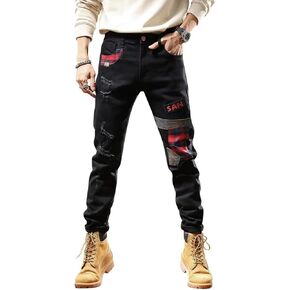 Mens Jeans Vintage Wash Grey Contrast Patch Fashion Casual Slim Fit Stretch Jeans.