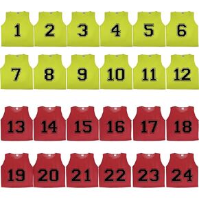 Athllete DURAMESH Set of 24 Scrimmage Vest/Pinnies/Team Practice Jerseys with Free Carry Bag (1-12 Neon Yellow Numbered+13-24 Red Numbered). Suitable for Teen/Adult in Kuwait