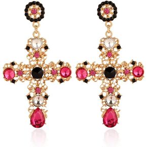 Baroque Cross Earrings for Women Victorian Vintage Chunky Gold Cross Dangle Earrings Big Cross Faith Statement Earrings
