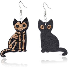 Halloween Earrings Cute Ghost Pumpkin Wooden Dangle Earrings for Women Girls Lightweight Wood Black Cat Earrings Funny Ghost Bat Spooky Earrings Halloween Jewelry