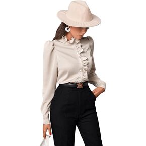 SweatyRocks Women's Elegant Ruffle Trim Long Sleeve Button Front Blouse Tops