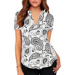 roswear Women's Short Sleeve T Shirts V Neck Paisley Shirts Casual Summer Blouse Floral Tunic Tops to Wear with Leggings
