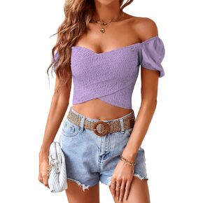 VIDUSSA Women's Puff Short Sleeve Smocked Crop Top Off Shoulder Wrap Blouse