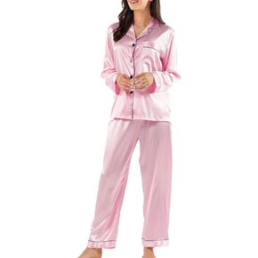مجموعة Ladieshow Silk Pjs للنساء، ملابس نوم بأكمام طويلة وأزرار سفلية Pjs Set Loungewear