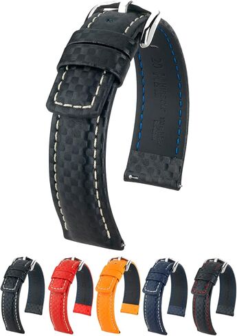 حزام ساعة هيرش من الجلد الكربوني - مقاوم للماء - 18 مم، 20 مم، 22 مم، 24 مم - الطول - عرض المرفق/الإبزيم - حزام ساعة سريع الفك in Kuwait